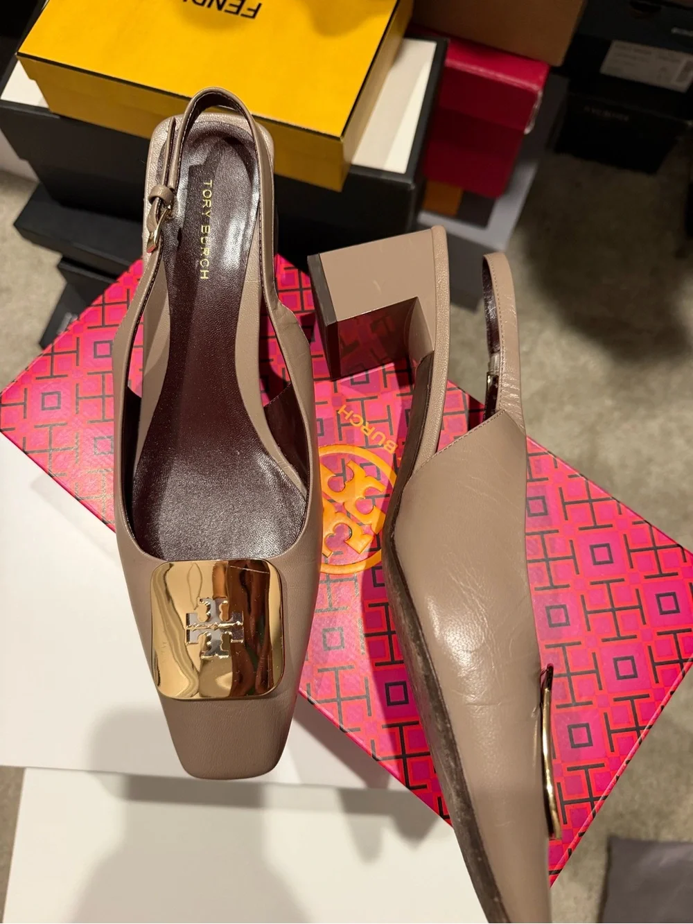 Tory Burch Taupe Leather Slingback Mules with Gold Logo Plate